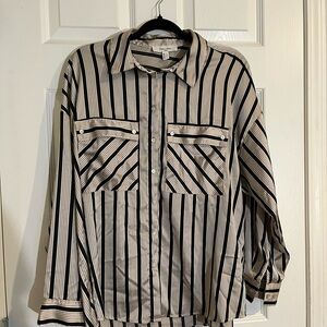 Chic Striped Button Down Shirt - Black and Cream